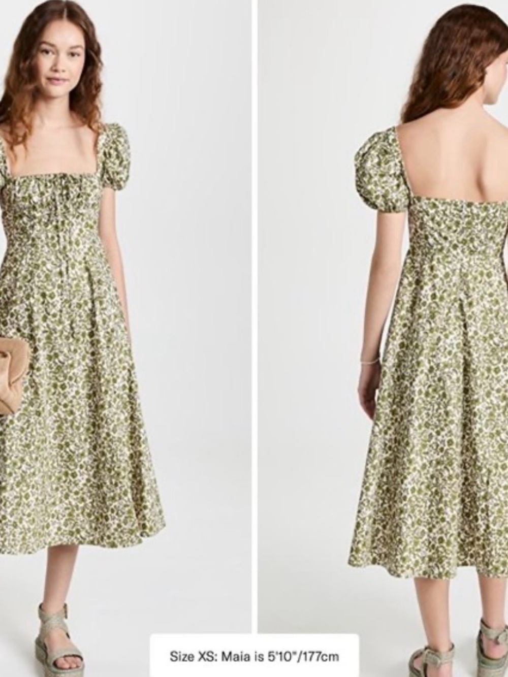 NWOT Kourt Green White Floral Puff Sleeve Square Neck Midi Dress Size XL
